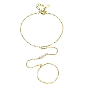 K Gold Plated Chain Bar Pearl Ring Bracelet
