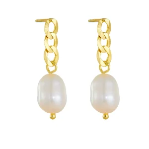 14K Gold Plated Cuban Chain Drop Pearl Stud Earrings