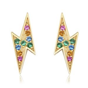 Simple Luxury 925 Sterling Silver Pave Multicolor Colorful Rainbow Zircon CZ Lightning Stud Earring