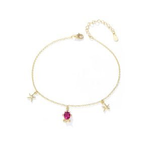Peishang Fine Jewelry 925 Sterling Silver Boho Simple Foot Jewelry Beach Adjustable Anklet Ruby Turtle Starfish Anklet for Women