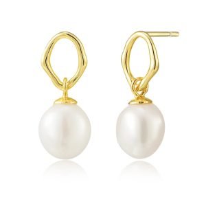 Peishang Jewelry 925 Sterling Silver 14K Gold Plated Pearls Hollow Rhombus Zircon Stud Earrings for Women