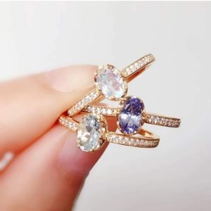 Peishang Brand Gold Plated Oval Natural Moonstone Ring 925 Sterling Silver Zircon Eternity Finger Rings Jewelry Custom