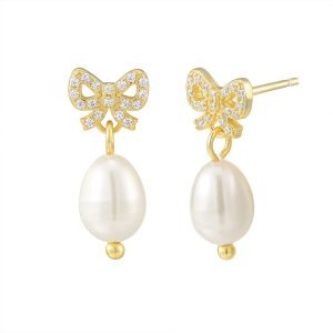 Peishang Jewelry 925 Sterling Silver 14K Gold Plated Pearls Butterfly Bow Tie Stud Earrings for Women