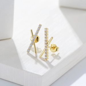 Minimalist X bar Stick Jewelry Psj S 925 Sterling Silver 14k Gold Plated Bling CZ Cubic Zirconia Stud Earrings