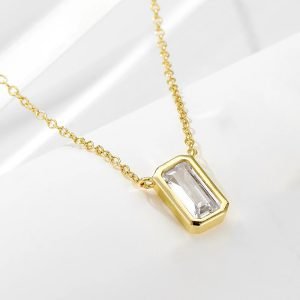 KN1847   2024 925 Sterling Silver Necklace White Cz Rectangle Emerald Shape Gold Plated Pendant Necklace