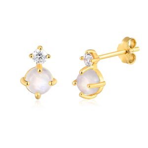 Peishang Jewelry 925 Sterling Silver 14K Gold Plated Monnstone Simple Circle Stud Earrings for Women