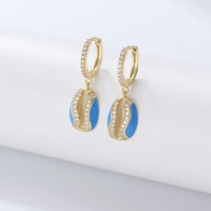 Wholesale 925 Sterling Silver High Quality Custom Silver Earring Oval Hollow Blue Enamel Drop Earrings