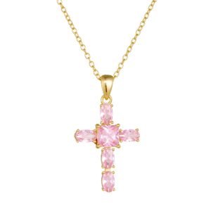 Original Luxury Fashion Trendy Female Jewelry 925 Sterling Silver Jewellery Pink Cubic Zirconia Cross Pendant Necklaces