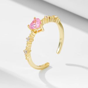 925 Sterling Silver Heart Pink Zircon Ring 18k Gold Ring for Women Wholesale