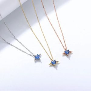 Sterling Silver 925 Small Wing Love Heart Shape Aquamarine  Blue Zircon Link Chain Charm Angel Wing Pendant