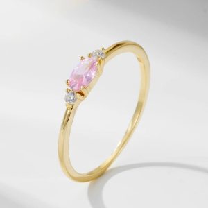 Exquisite High Quality 925 Sterling Silver 14k Gold Plated Ring Extra Skinny Ring Vintage Style Oval pink CZ Ring for Women Girl