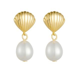 Wholesale Jewelry 925 Sterling Silver 14K Gold Plated Simple Shell Shaped Variant Bead Natural Freshwater Pearl Stud Earrings