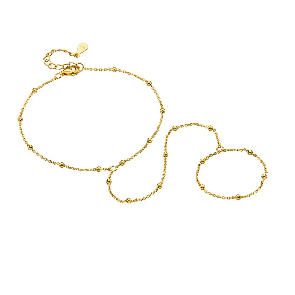 Peishang Wholesale Jewelry 925 Sterling Silver Gold Plated Hand Link Interweave Finger Bead Chain Hand Chain Ring Bracelets - obrazek 5