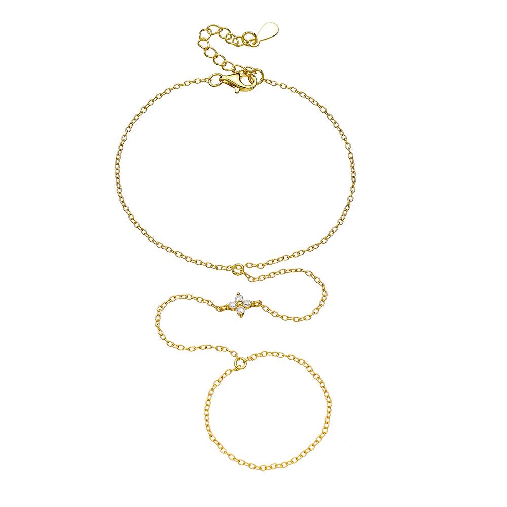 Peishang Wholesale Jewelry 925 Sterling Silver 14K Gold Plated Cz Zircon Bracelet Flower Hand Chain Ring Bracelets