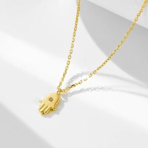 Peishang Wholesale 925 Silver Jewelry Gold Plated Insert Diamond Hamsa Pendant Necklace