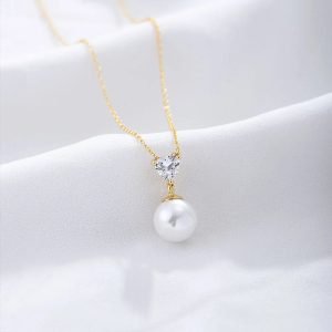 KSN125 Jewelry Mother's Gift 925 Sterling Silver Women Elegant Trillion Cut Cubic Gold Plated Zirconia Pearl Charm Necklace