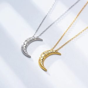 Trendy Wholesale Simple 14k Gold Plated Cubic Zirconia Choker 925 Sterling Silver Moon Charm Necklace for Women Girls Gift