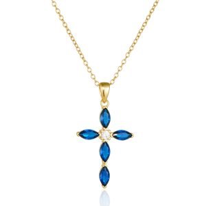 Original Marquise Sapphire Blue Zircon Cross Pendant Clavicle Chain Necklace 925 Sterling Silver Gold Plated Jewelry for Women