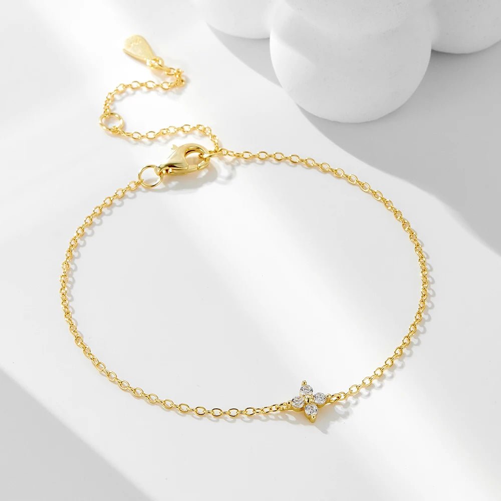 Peishang Wholesale Jewelry 925 Sterling Silver 14K Gold Plated Small Mini Cz Zircon Lucky Leaf Clover Charm Bracelet - Image 5