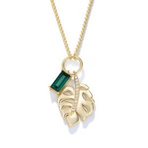 S925 Sterling Silver 14K Gold Plated Rectangle Emerald Zircon Tropical Palm Leaf Pendant Necklace Female Custom Vermeil