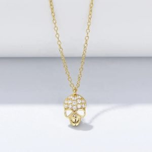 KN1694 Hollow Personalized Unique Trendy Skull Pendant Necklace Jewelry 14k Gold Plated Zircon 925 Sterling Silver for Women