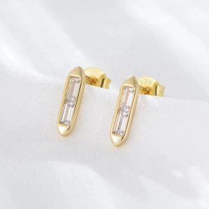 Delicate Minimalist Women Jewelry Drop Emerald Cubic Zirconia Earrings 14K Gold Plated 925 Sterling Silver bar Stick Earrings