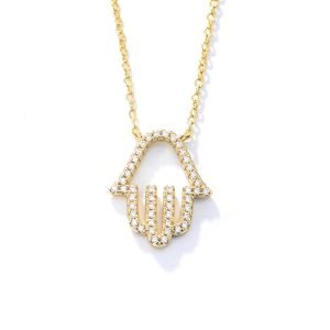 Customization Gold Plated Hollow Cubic Zirconia Pendant Gold Layering Clap Hamsa Hand Necklace