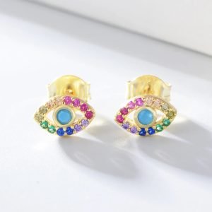 Wholesale Custom 925 Sterling Silver Gold Plated Jewelry Rainbow Colorful Zircon Evil Eyes Minimalist Studs Earrings for Women