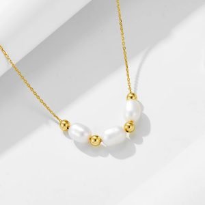 KN0074  Fashion Jewelry 925 Sterling Silver Necklaces Natural Freshwater Pearl Round Bead Gold Plated Necklaces for Women