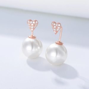 Trendy Girl Party 925 Sterling Silver 14k Gold Plated Zircon Stone Split Two-tone Plating Heart Pearl Earrings