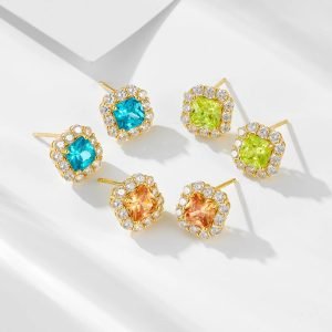 KE5606 925 Sterling Silver Square Citrine Yellow Princess Cut Topaz Blue Peridot Green Square Cubic Zirconia Earrings Studs