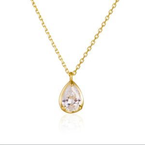 Minimalist 925 Sterling Silver Jewelry Gold Plated Custom  Vermeil Zircon Solitaire Stone Pear Bezel-Set Drop Pendant Necklace