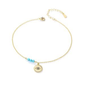 INS Fine Jewelry 14k 18K Gold Plated Bohemia Beach Turquoise Beaded Anklet 925 Sterling Silver Devil's Eye Anklets for Women