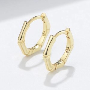 Wholesale Minimalist Bamboo Knots Plant Plain Jewelry Psj S 925 Sterling Silver 14k Gold Plated Huggie Earrings for Women Girls