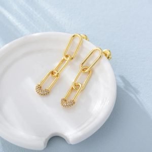 Wholesale Ins Minimalist Link Chain Drop Earrings 18K Gold Plated Jewellery Cz Custom Gold Vermeil Paper Clip Earrings for Women