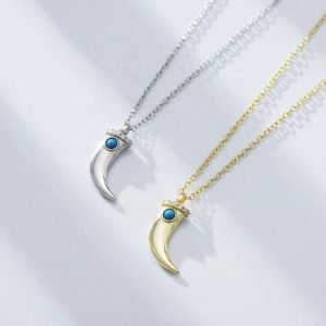 New 925 Sterling Silver Gold Plated Crescent Moon Dagger Hand Shaped Cz Zircon Turquoise Pendant Necklace