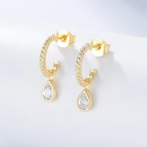 2024 New Design Funky 14k Gold Plated Twisted Cuff Pear Cz Drop Charm Fancy Earring