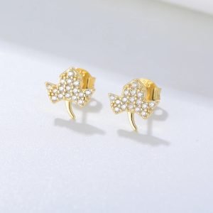 Beast Price Maple Leaf Stud Unique Leaf Earring Gold Plated clear Cubic Zirconia Stud Earring