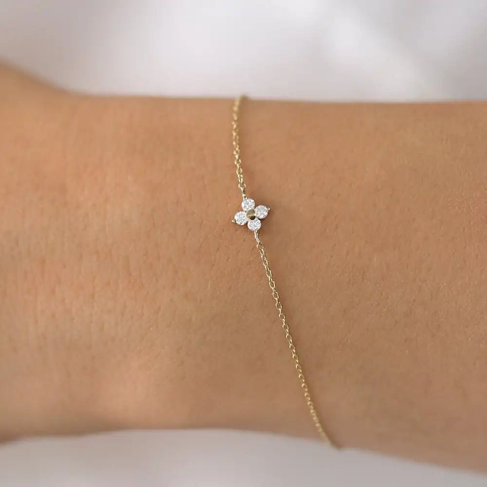 Peishang Wholesale Jewelry 925 Sterling Silver 14K Gold Plated Small Mini Cz Zircon Lucky Leaf Clover Charm Bracelet - Image 2