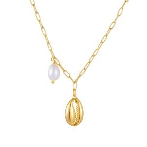 Peishang Wholesale Jewelry 925 Sterling Silver Gold Plated Summer Natural Freshwater Pearl Shell Shaped Necklace for Women