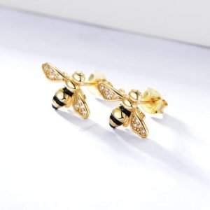 925 Sterling Silver Double Color  Fancy Enamel Design Cute Small Bee Stud Earrings to My Lover Women