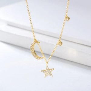 Trendy Dainty Moon Star Cubic Zirconia Charm Necklace S925 Silver Jewelry Choker Necklace for Women Anniversary