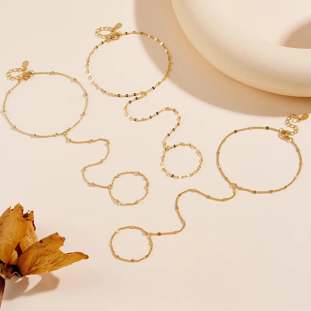 Peishang Wholesale Jewelry 925 Sterling Silver Gold Plated Hand Link Interweave Finger Bead Chain Hand Chain Ring Bracelets - obrazek 6