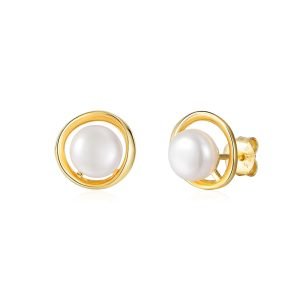 Peishang Jewelry 925 Sterling Silver 14K Gold Plated Pearls Simple Circle Stud Earrings for Women