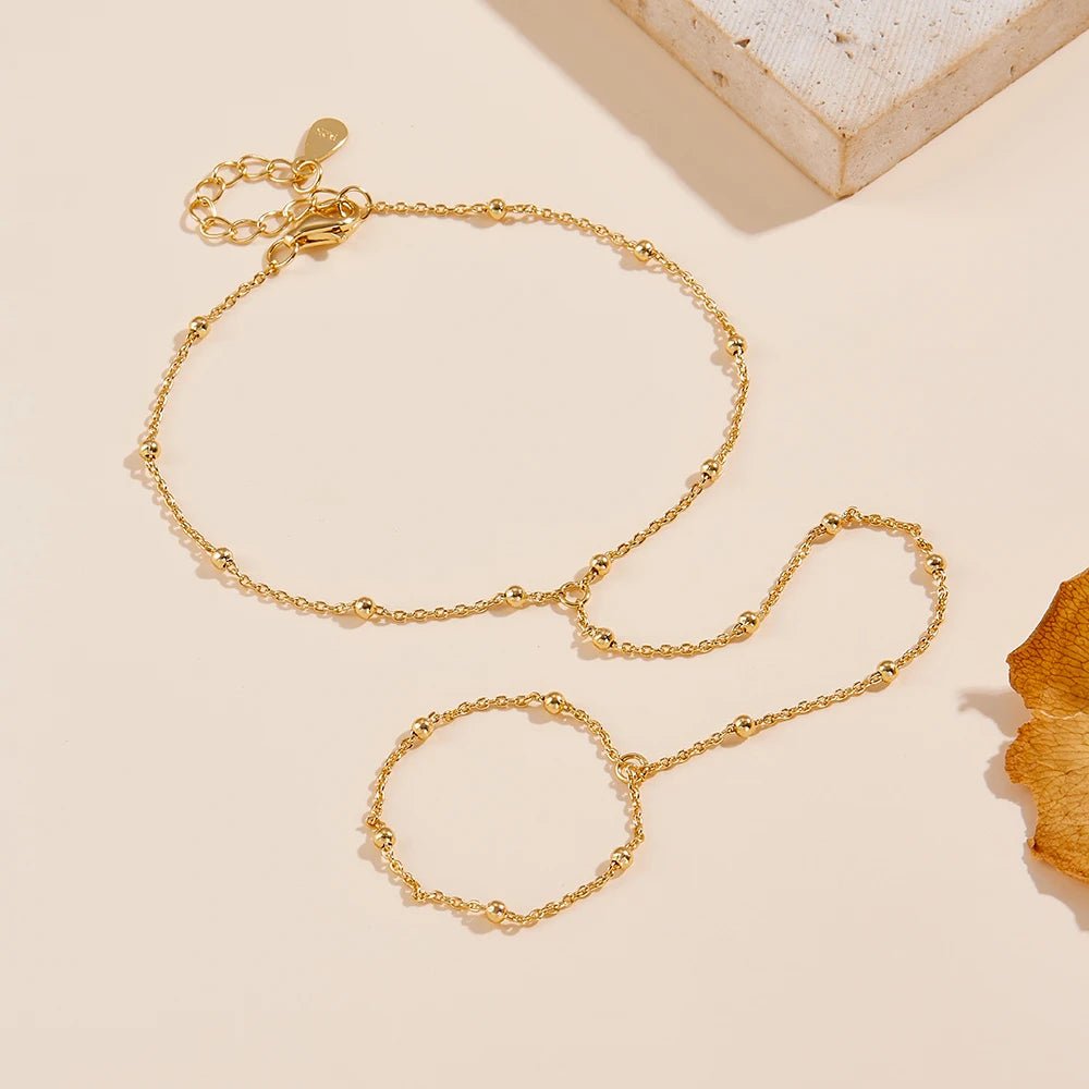 Peishang Wholesale Jewelry 925 Sterling Silver Gold Plated Hand Link Interweave Finger Bead Chain Hand Chain Ring Bracelets - obrazek 4