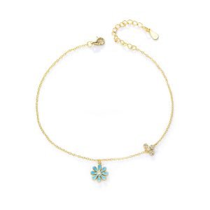 Newest Custom 925 Sterling Silver Enamel Flower Bead Chain Light Blue Beach Style Daisy Anklet