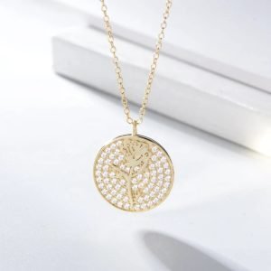 KN1127  Round Coin Romantic Rose Flower Diamond Necklace 925 Sterling Silver Gold Plated Jewelry Custom Wholesale