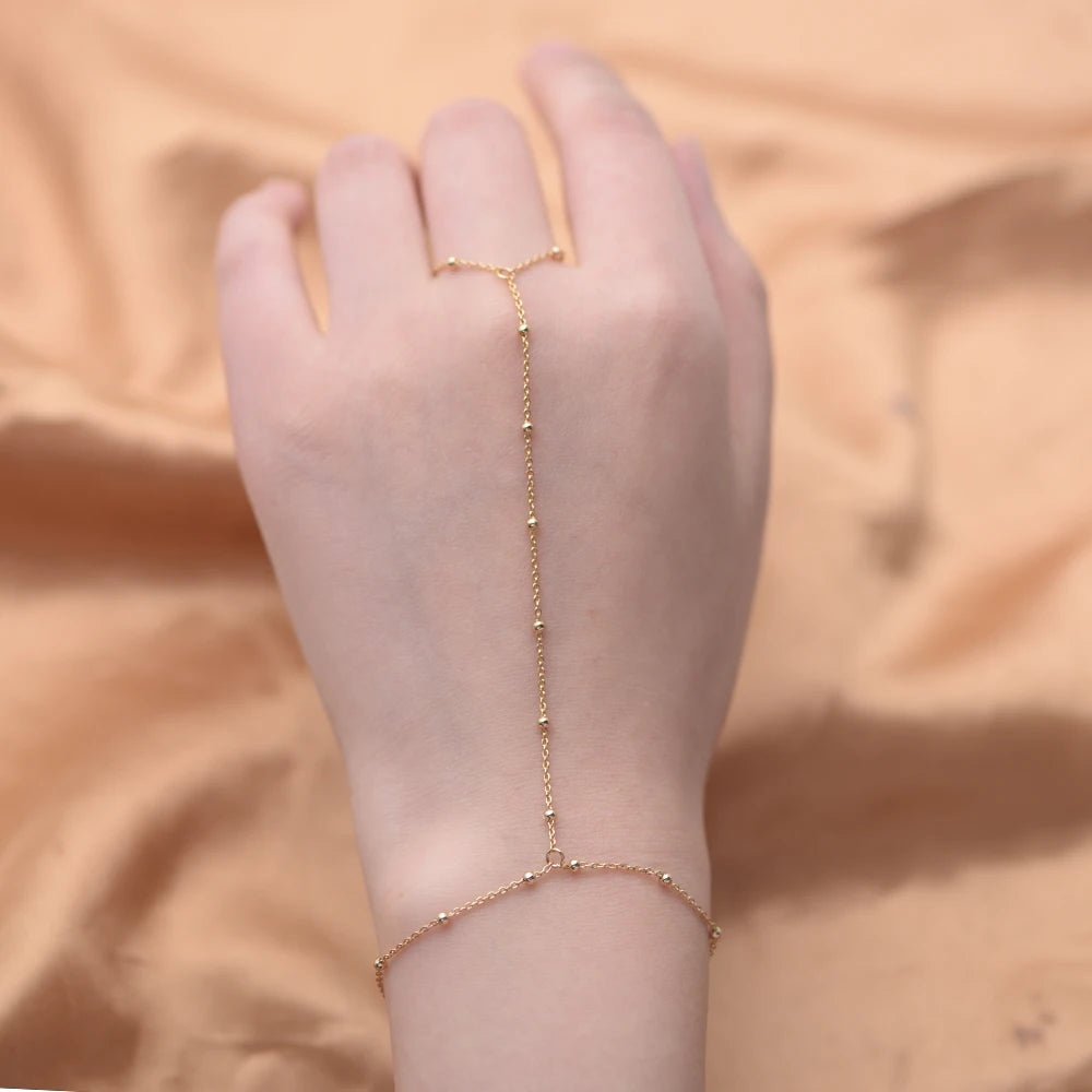 Peishang Wholesale Jewelry 925 Sterling Silver Gold Plated Hand Link Interweave Finger Bead Chain Hand Chain Ring Bracelets - obrazek 2