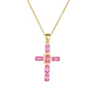 Wholesale Original Luxury Hip Hop Sterling Silver 925 Jewellery  Pink Cubic Zircon Cross Pendant Necklace Jewlery for Women