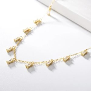 LN0620  925 Sterling Silver Gold Rectangle Shape Zirconia  Necklace for Women
